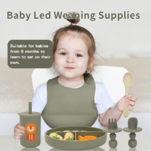 LITTLE RAWR Silicone Baby Feeding Set, Baby Led Weaning Supplies, Baby Spoons Suction Divided Plate Bib Cup, First Stage Solid Food Eating Utensils - 6+ Months(Green-Beige)