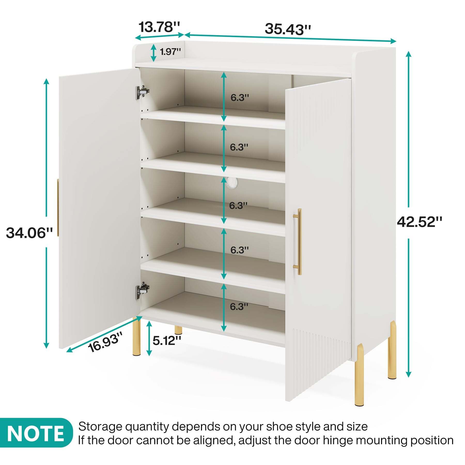 Tribesigns Large Shoe Cabinet with Doors, 6-Tier Entryway Shoe Storage Cabinet with Shelves, 30 Pairs Modern Shoes Rack Organizer for Hallway, Closet, Bedroom, Living Room, White & Gold