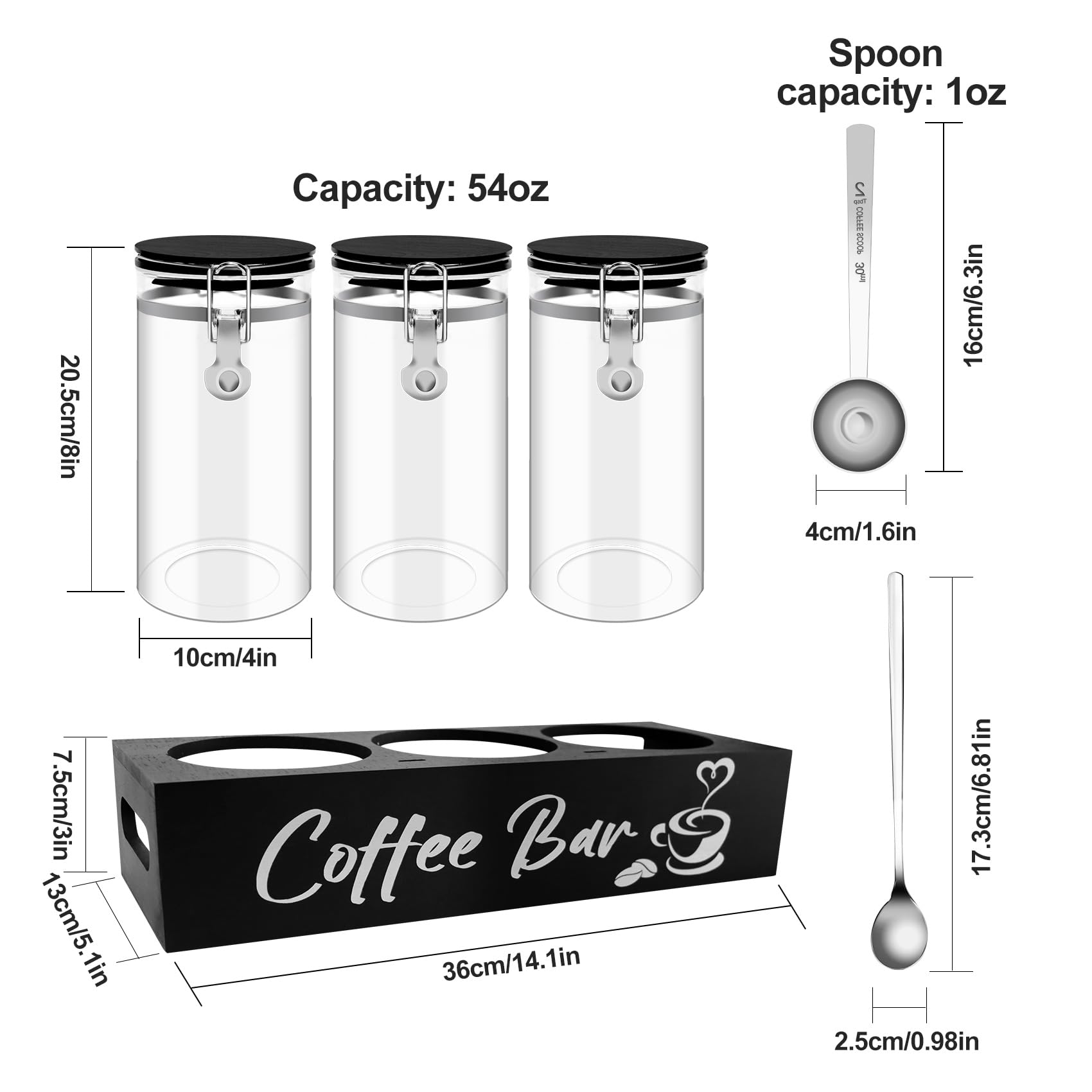 MACIFECI Glass Coffee Containers with Shelf Coffee Station Organizer 54oz Black Glass Coffee Bean Storage Canister with Spoon Coffee Canister Set Kitchen Food Storage Jars for Coffee, Sugar, Candy