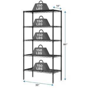 5 Tier Heavy Duty Wire Shelving Storage Rack Unit, Adjustable Commercial Storage Racks with Wheels Wire Shelving Standing Garage Shelving Storage Rack, NSF Certified, 30" D×14" W×60" H (Black)