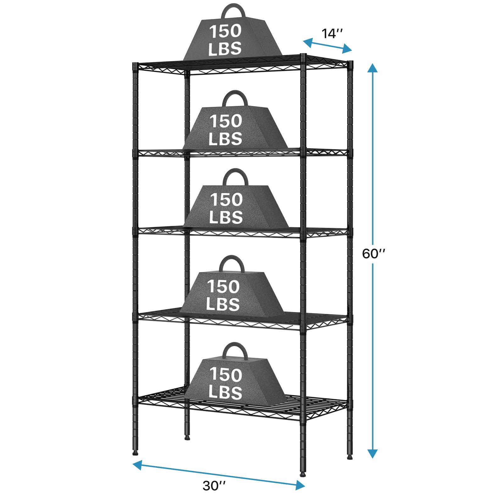 5 Tier Heavy Duty Wire Shelving Storage Rack Unit, Adjustable Commercial Storage Racks with Wheels Wire Shelving Standing Garage Shelving Storage Rack, NSF Certified, 30" D×14" W×60" H (Black)