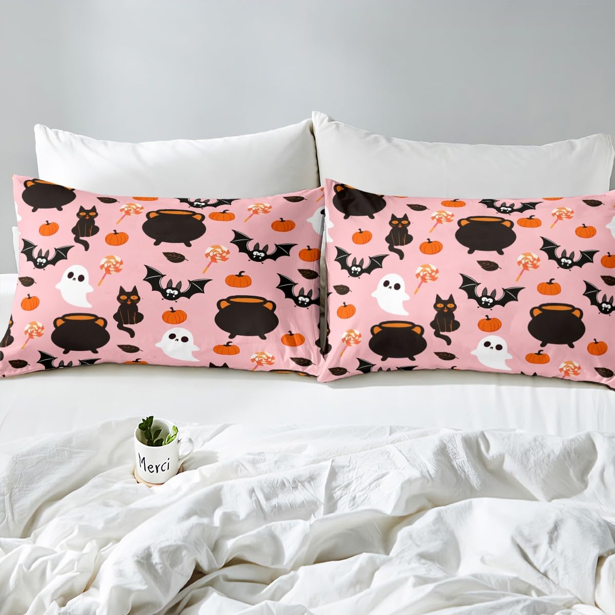 Feelyou Halloween Comforter Cover Set Black Bats Cats Duvet Cover Set Kids Boys Girls Halloween Candy Bedding Set Horror Pumpkin Lantern Quilt Cover with 2 Pillowcases 3Pcs Bedding Full,No Comforter