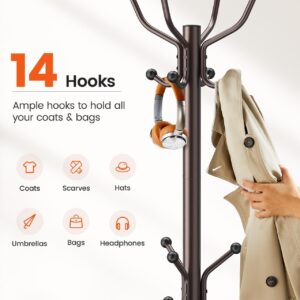 Pipishell Coat Rack with 14 Hooks, Freestanding Coat Rack Stand for Entryway, Hallway, Bedroom, and Office, Metal Coat Tree & Hat Rack for Coats, Hats, and Bags, Brown