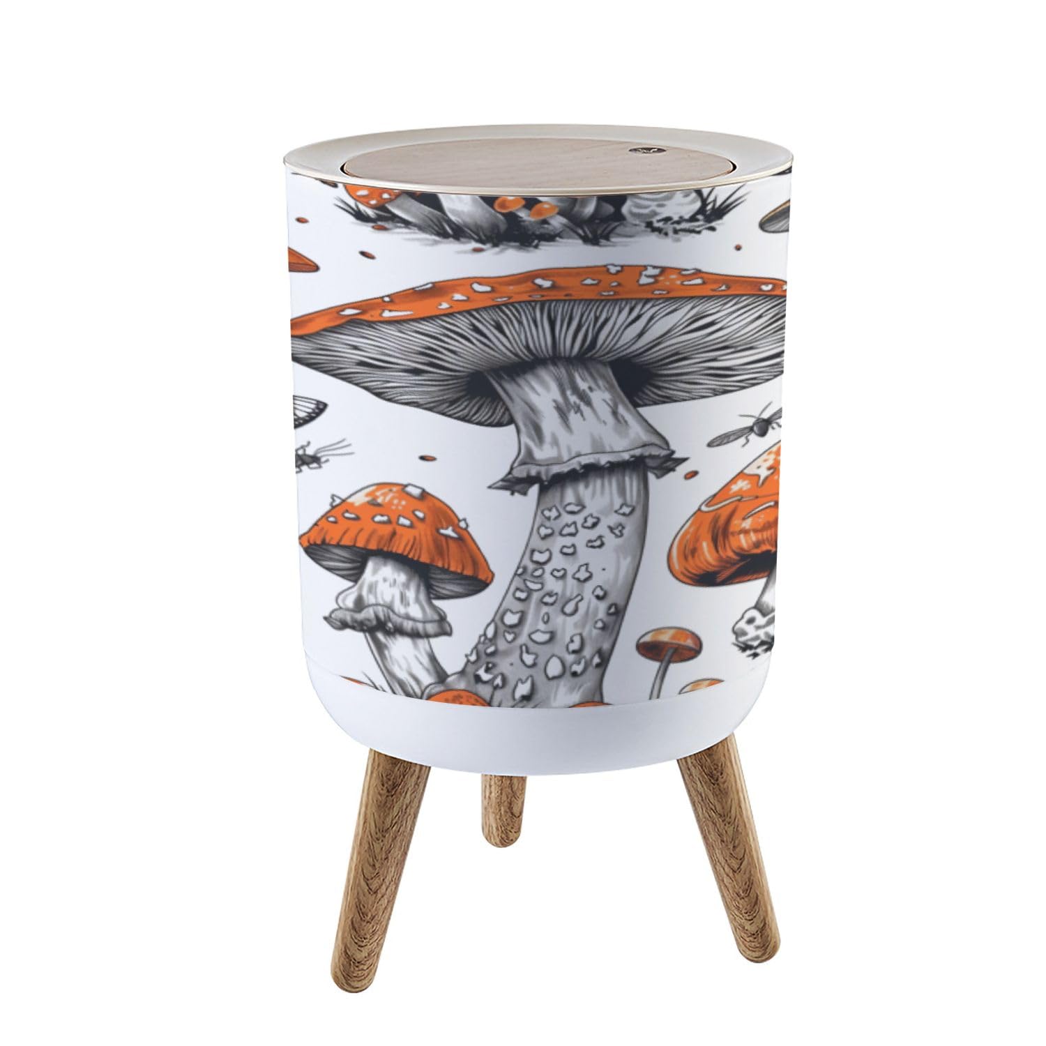 PHAIBHKERP Trash Can with Lid 70s Retro Aesthetic Mushroom Seamless Pattern Garbage Can Round Waste Bin Press Cover Dog Proof Wastebasket for Kitchen Bathroom Living Room Nursery 1.8gal