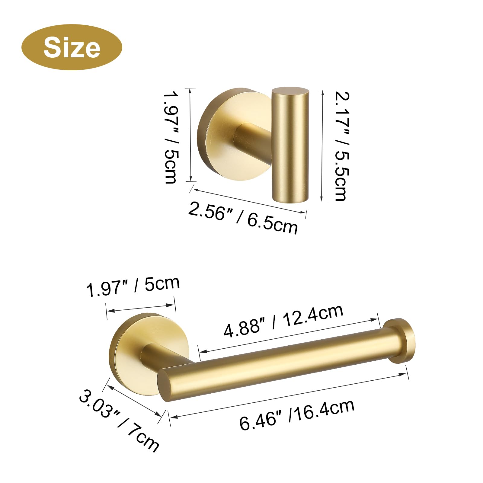 TURS Toilet Paper Holder 2 Towel Hooks Brushed Gold SUS304 Stainless Steel 3-Pieces Bathroom Accessories Kit Wall Mounted