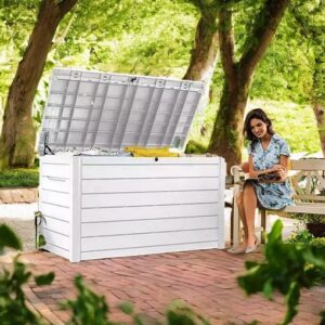 230 Gallon Deck Storage Box Outdoor Patio Container – Weather-Resistant, Lockable Outdoor Storage Solution for Patio, Garden, and Poolside (White)