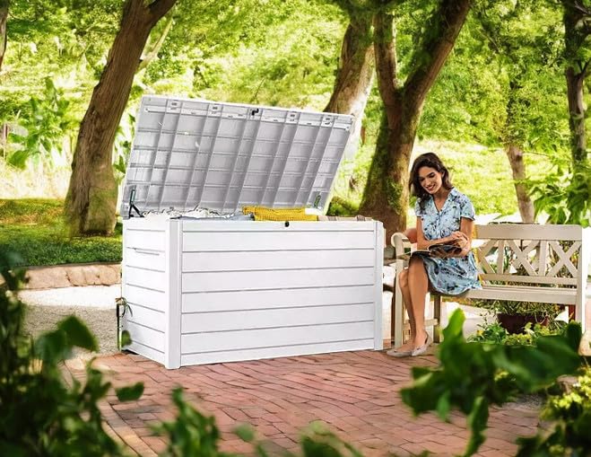 230 Gallon Deck Storage Box Outdoor Patio Container – Weather-Resistant, Lockable Outdoor Storage Solution for Patio, Garden, and Poolside (White)