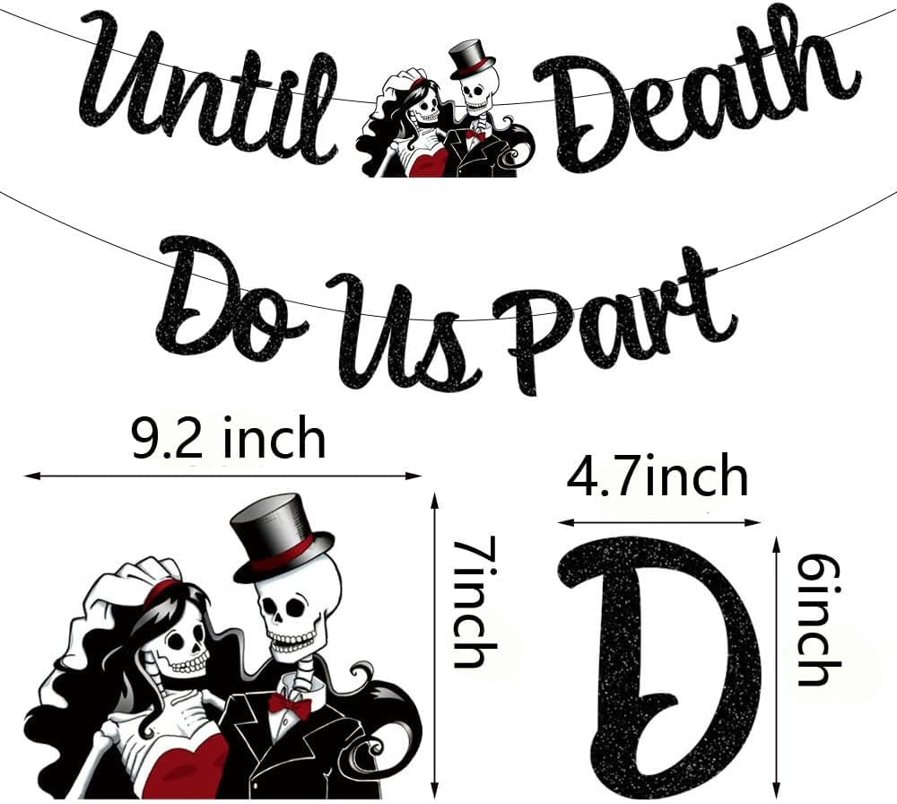 Mr and Mrs Skull Wedding Party Decorations Till Death Do Us Part Banner/Cake Topper Halloween Theme Decor for Wedding/Anniversary/Bridal Shower Party Supplies Day of the Dead Wedding Signs