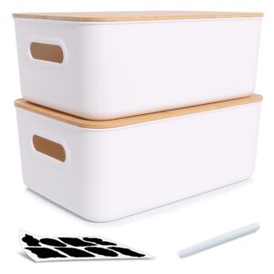 kaize 2pcs plastic storage bins with bamboo lids stackable storage containers for organizing, bundled with labels and marker 10.24 x 7.01 x 6.1 inch(2 pcs-15.12 x 10.67 x 5.98 inch), white