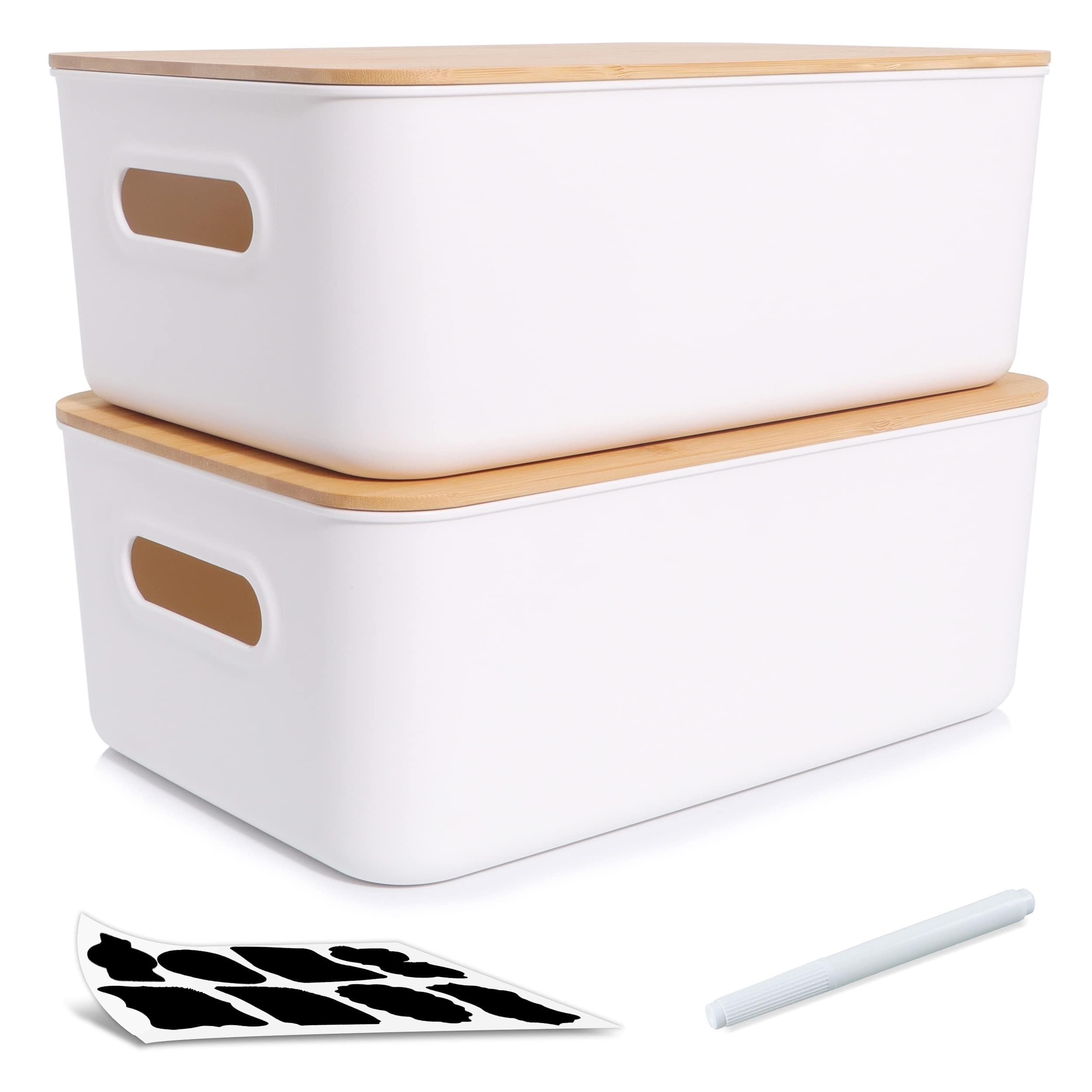 KAIZE 2PCS Plastic Storage Bins with Bamboo lids Stackable Storage Containers for Organizing, Bundled with Labels and Marker 10.24 x 7.01 x 6.1 inch(2 PCS-15.12 x 10.67 x 5.98 inch), White