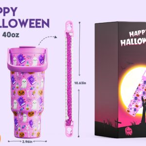 Meoky 40 oz Halloween Tumbler with Handle and Straw, Insulated Water Bottle, Stainless Steel Travel Mug, Keeps Cold for 34 Hours, Fits in Car Cup Holder (Spooky Pumpkin)