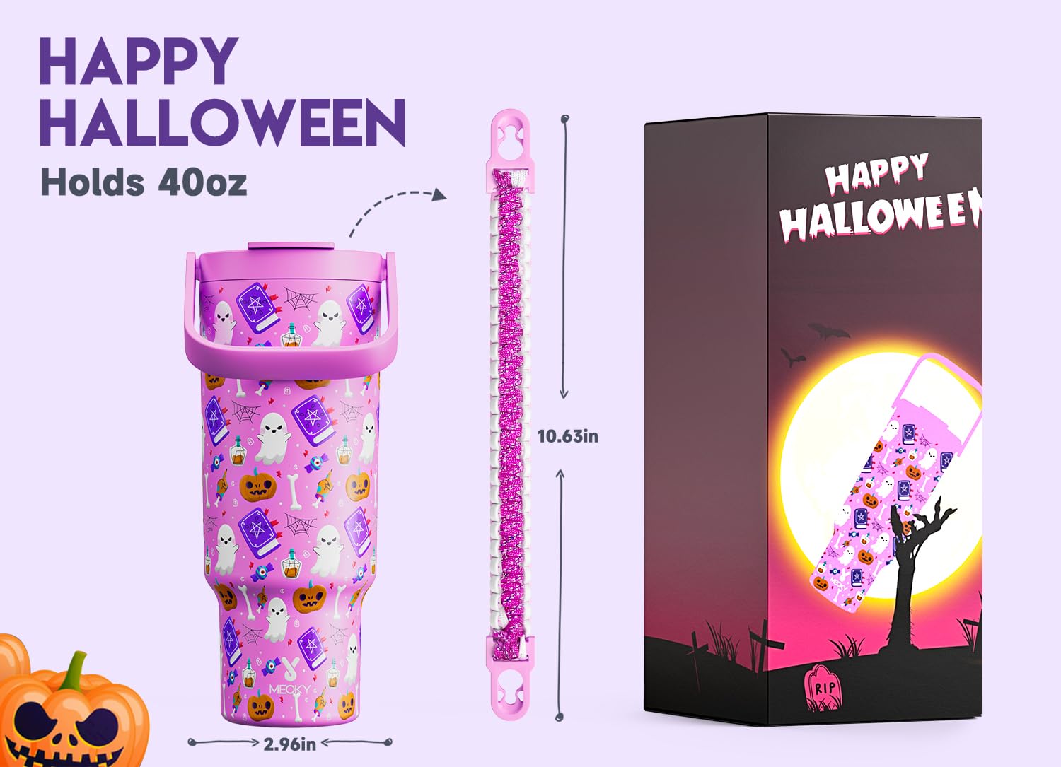 Meoky 40 oz Halloween Tumbler with Handle and Straw, Insulated Water Bottle, Stainless Steel Travel Mug, Keeps Cold for 34 Hours, Fits in Car Cup Holder (Spooky Pumpkin)