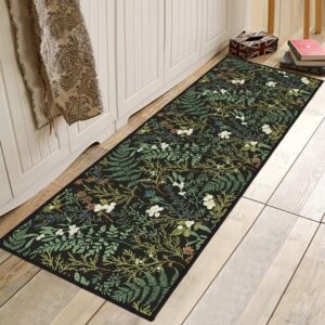 black green runner rug for hallway 2x6,botanical print runner rug for entryway,plant leaf printed area rugs non-slip throw floor carpet for bedroom entrance door mat washable kitchen rug runners