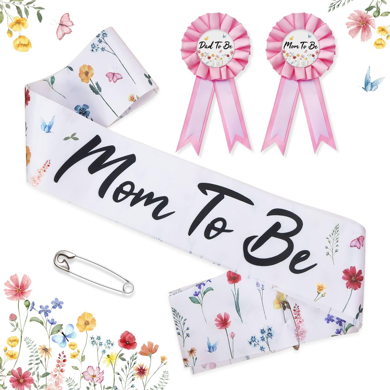 Wildflower Mom to Be Sash Baby Shower Decorations, Baby in Bloom Floral Mommy to Be Sash Dad Corsage Pin Set for Pregnant Mommy Dress Gift