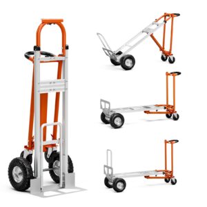 oarlike 4-in-1 aluminum hand truck, 800 lbs capacity heavy duty dolly cart with 10" rubber wheels, industrial folding dolly for moving, transport in warehouse, supermarket, garden, home