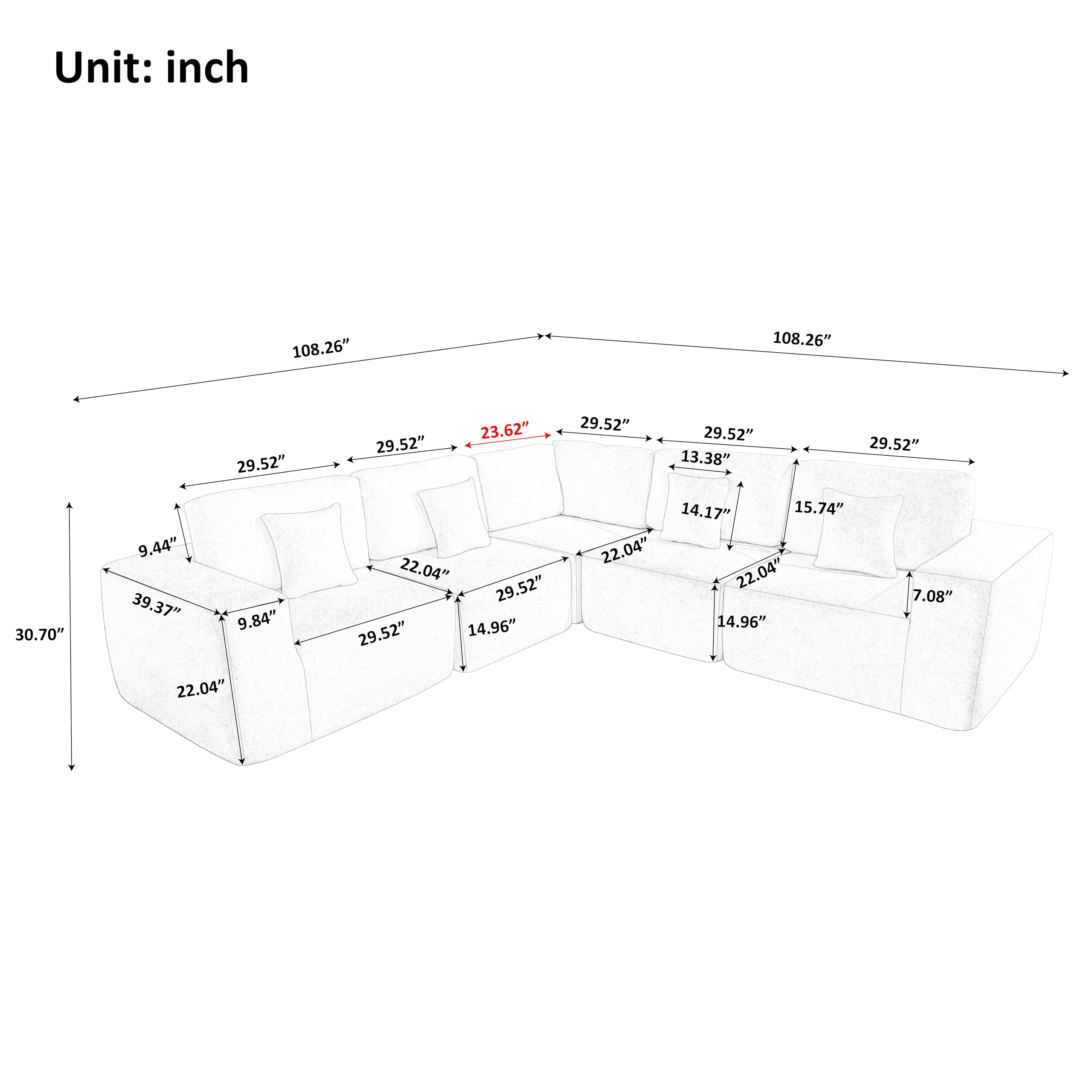 VnndeNest 108''×108'' Modular Sectional Couch, Luxury L-Shaped Sofa Couch, Upholstered Comfy Sherpa Fabric Sectional Sofa Couch, Modern 5 Seater Corner Sofa for Living Room, Apartment, Office, Grey