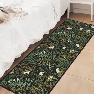 Black Green Runner Rug for Hallway 2x6,Botanical Print Runner Rug for Entryway,Plant Leaf Printed Area Rugs Non-Slip Throw Floor Carpet for Bedroom Entrance Door Mat Washable Kitchen Rug Runners