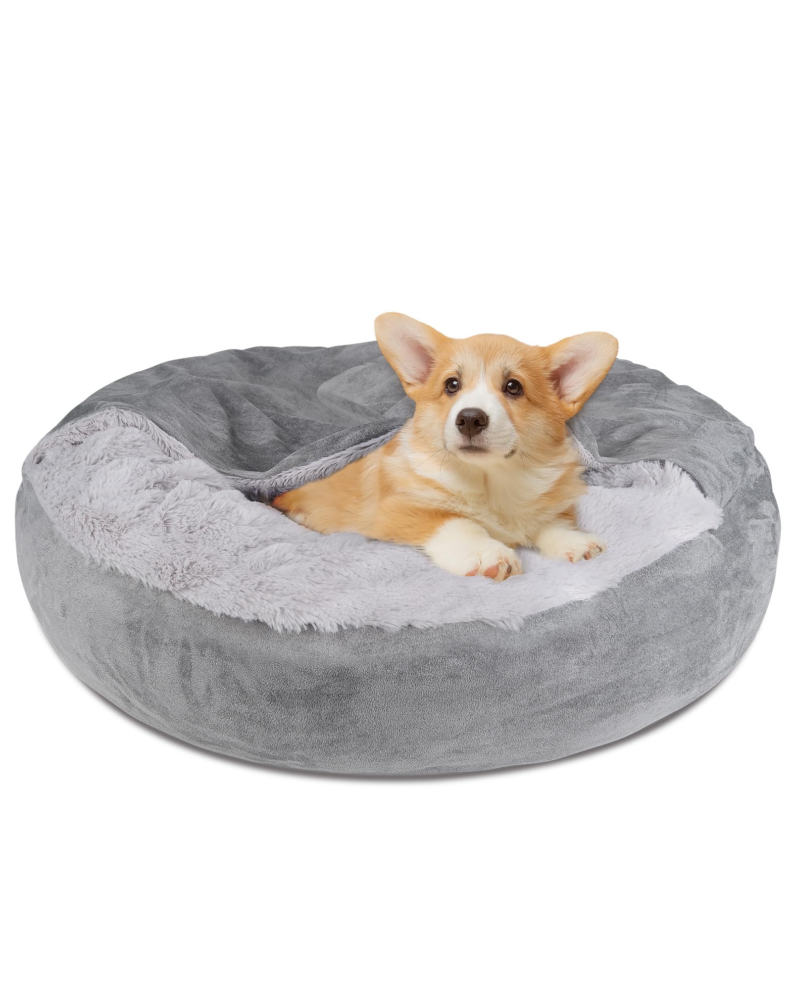 Pet Soft Small Dog Bed Cat Bed with Cover Cave - Round Calming Dog Beds Washable Cuddler Puppy Beds for Small, Medium Dogs and Cats (Grey, 27")