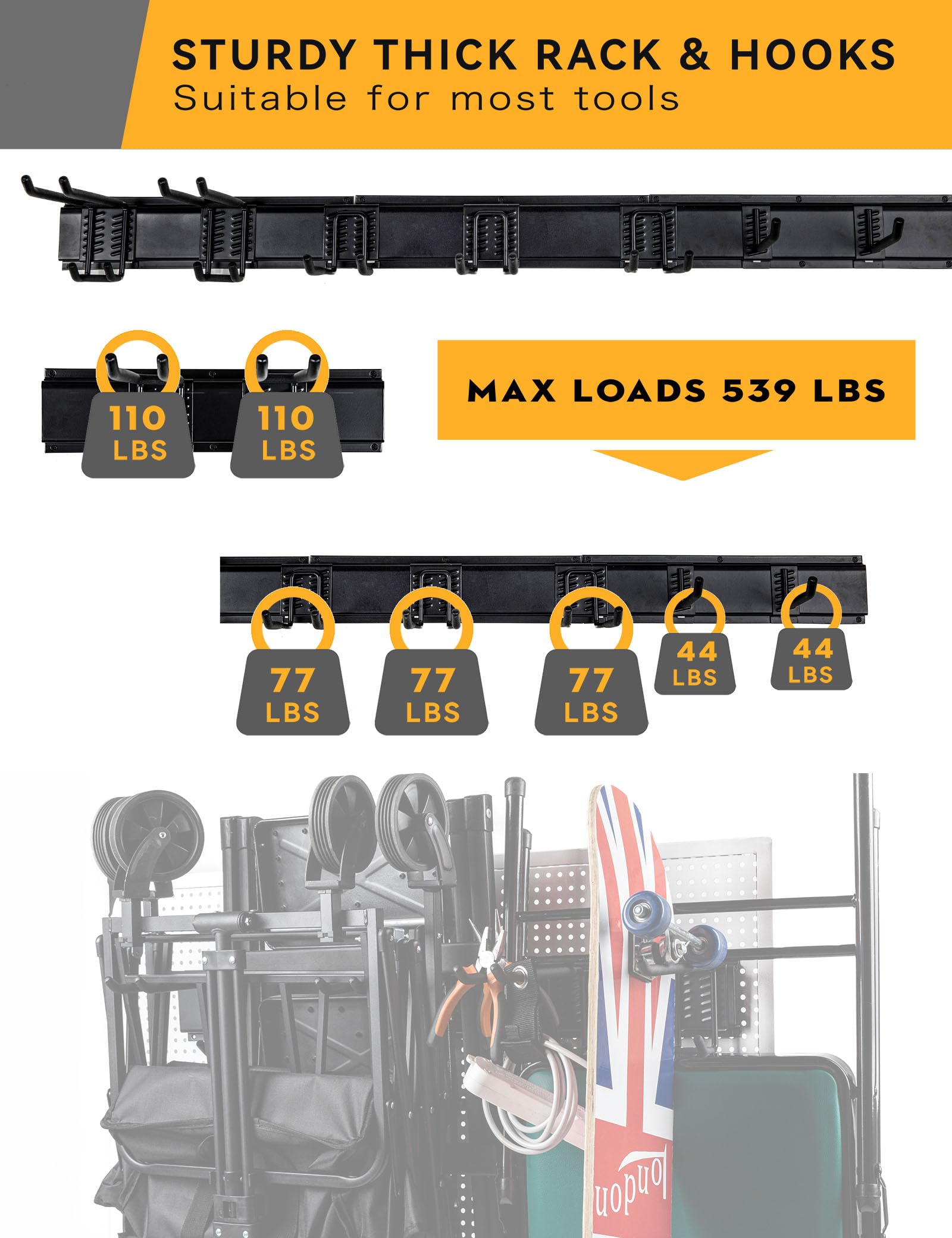 Garage Tool Organizer Wall Mount 48 Inches Max Load 539lbs ，Garage Storage, Garage Organization, Adjustable with 7 Heavy Duty Hooks and 4 Cable Ties, Yard Tools holder and Power Tool Organizer Rack