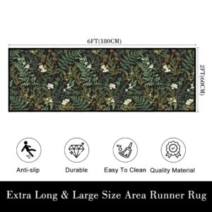 Black Green Runner Rug for Hallway 2x6,Botanical Print Runner Rug for Entryway,Plant Leaf Printed Area Rugs Non-Slip Throw Floor Carpet for Bedroom Entrance Door Mat Washable Kitchen Rug Runners