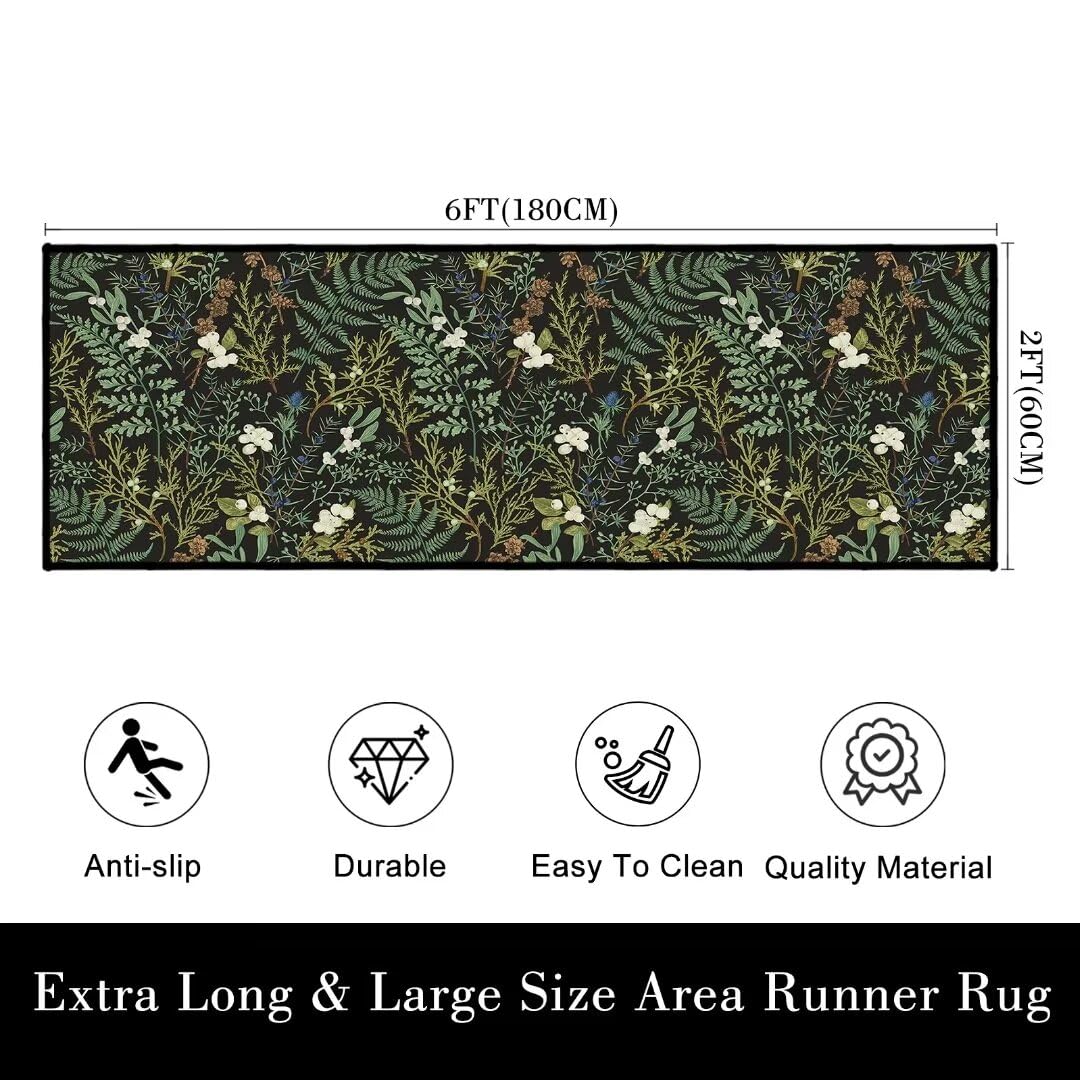 Black Green Runner Rug for Hallway 2x6,Botanical Print Runner Rug for Entryway,Plant Leaf Printed Area Rugs Non-Slip Throw Floor Carpet for Bedroom Entrance Door Mat Washable Kitchen Rug Runners