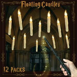 baysing 12pack halloween decorations floating led candles with wand remote control, battery operated hanging taper, halloween decor candles, indoor outdoor home table church wedding decor