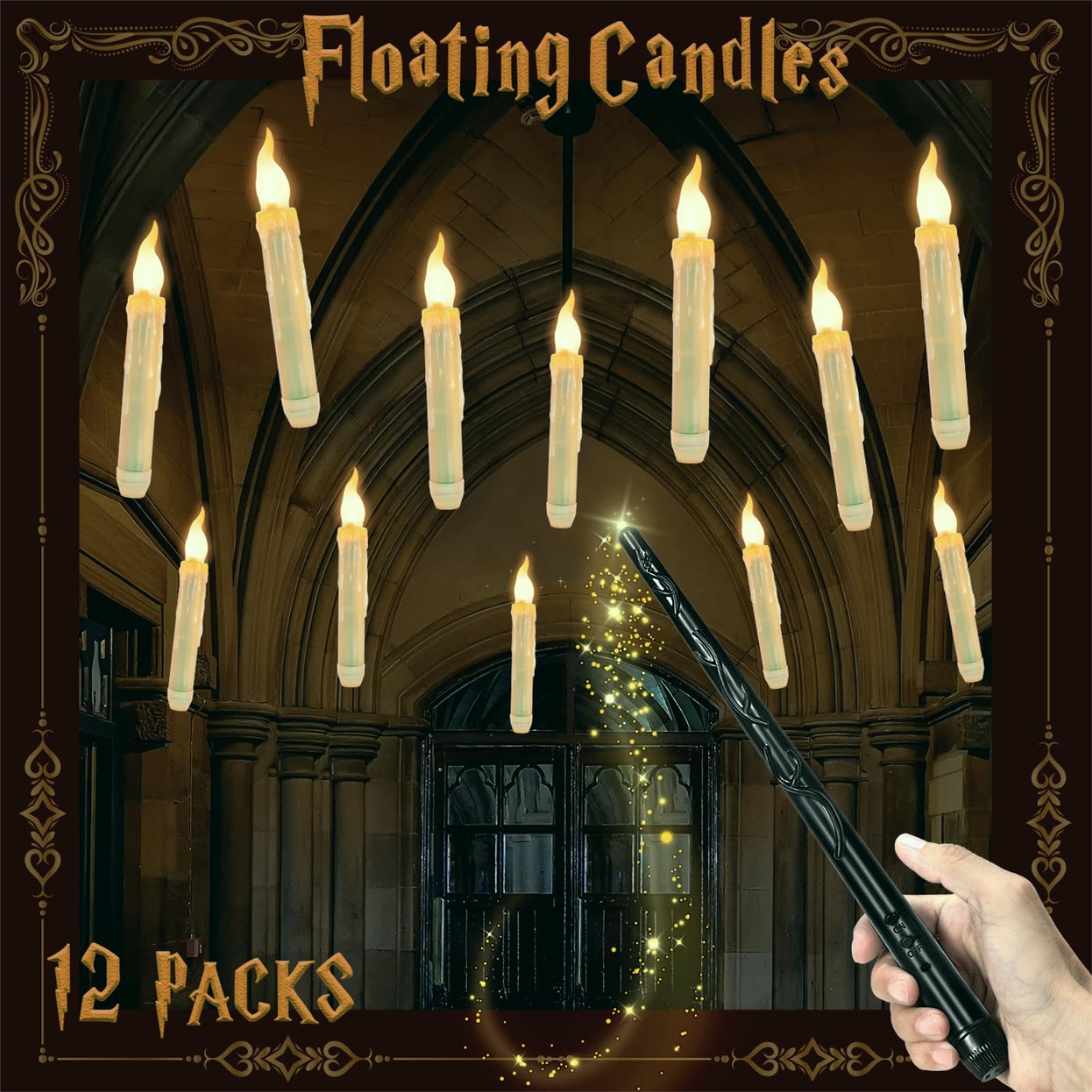 BAYSING 12Pack Halloween Decorations Floating LED Candles with Wand Remote Control, Battery Operated Hanging Taper, Halloween Decor Candles, Indoor Outdoor Home Table Church Wedding Decor