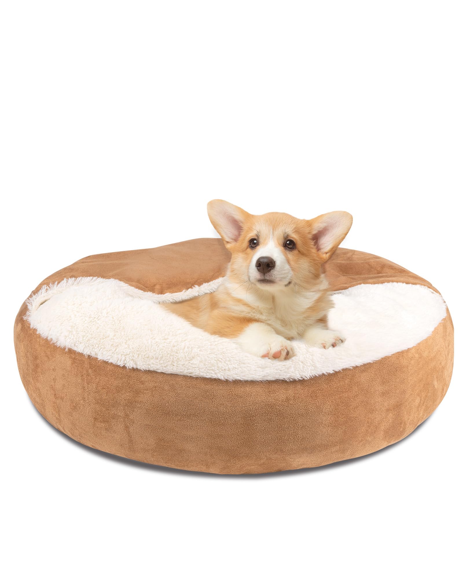 Pet Soft Small Dog Bed Cat Bed with Cover Cave - Round Calming Dog Beds Washable Cuddler Puppy Beds for Small, Medium Dogs and Cats (Khaki, 27")