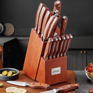 Knife Set with Block, 16 Pcs Stainless Steel Kitchen Knife Set with Sharpener & Wooden Block, Knife Block Set with Wood Handle, Chef, Santoku, Bread, Utility, Paring & Carving Fork Knife, Brown