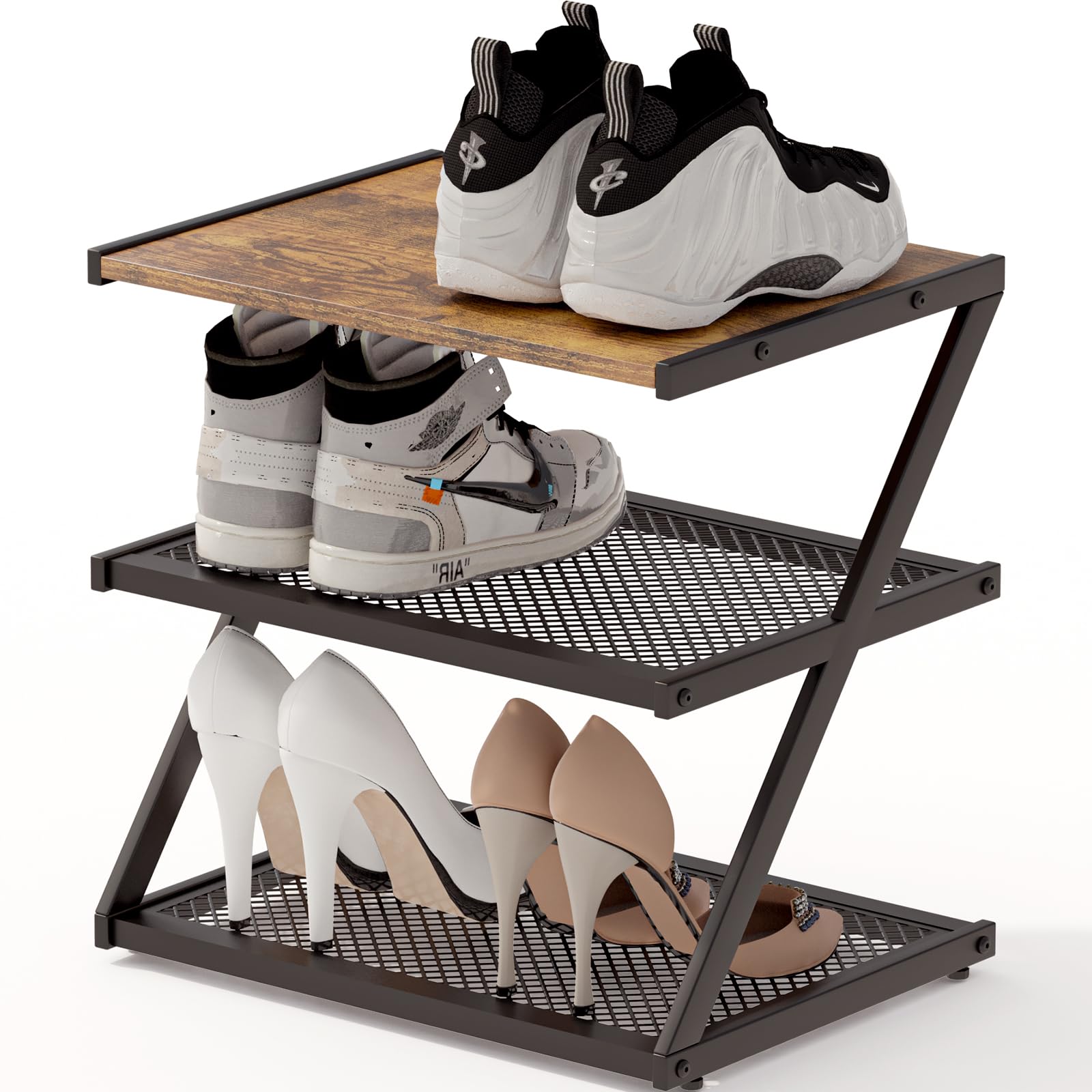 BWOORACKU Shoe Rack, Z-Frame Wooden Shoe Shelf with Heavy-Duty Metal Mesh Shelves for Hallway, Living Room, Closet, and Bedroom Organization - Organize Your Shoes in Style (16.54" x 10.24" x 16.14")