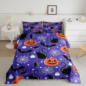 Feelyou Happy Halloween Full Size Bedding Set Decoration Pumpkin Lantern Comforter Set for Kids Boys Girls Spooky Cat Bat Duvet Set Purple Quilt Set Soft and Lightweight