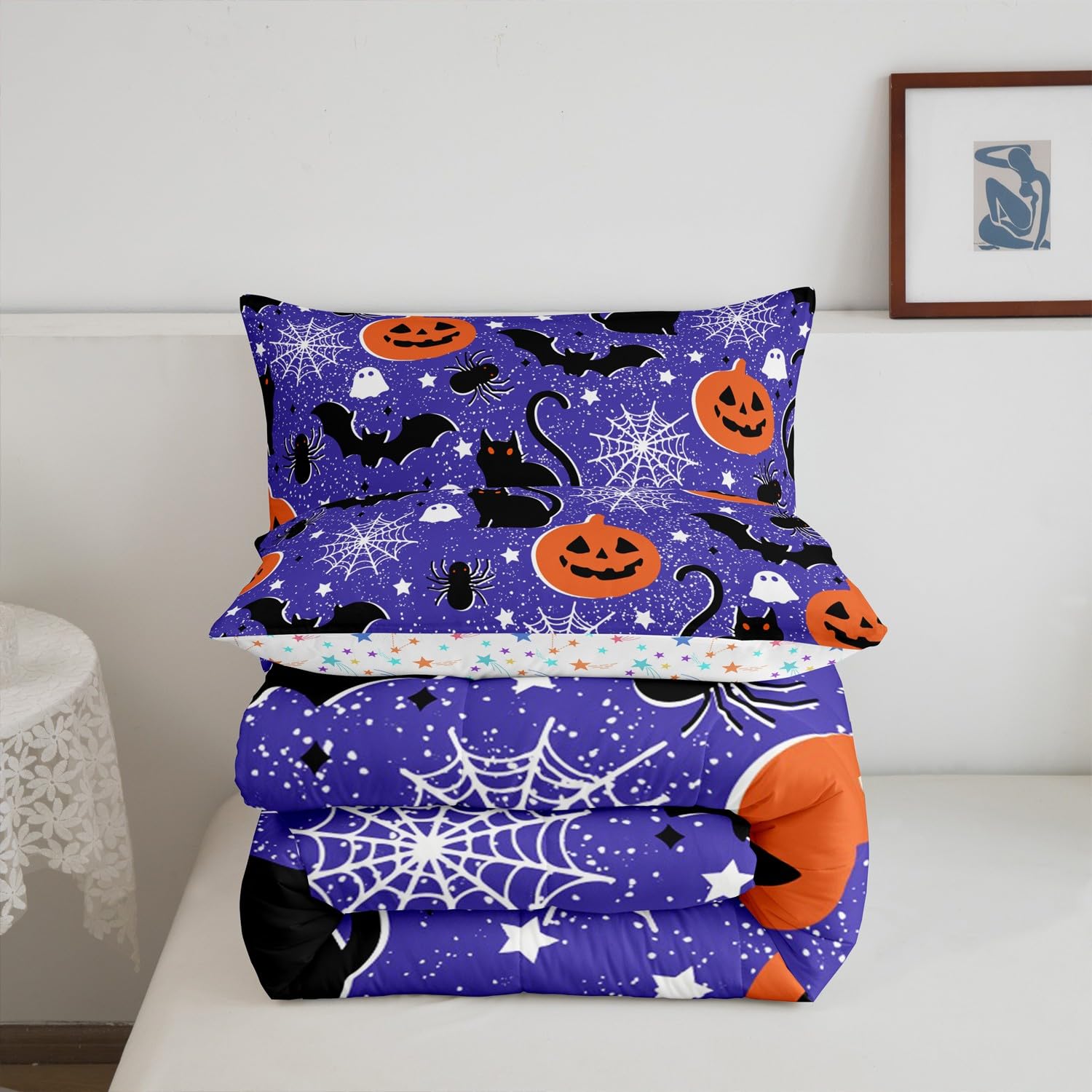 Feelyou Happy Halloween Full Size Bedding Set Decoration Pumpkin Lantern Comforter Set for Kids Boys Girls Spooky Cat Bat Duvet Set Purple Quilt Set Soft and Lightweight