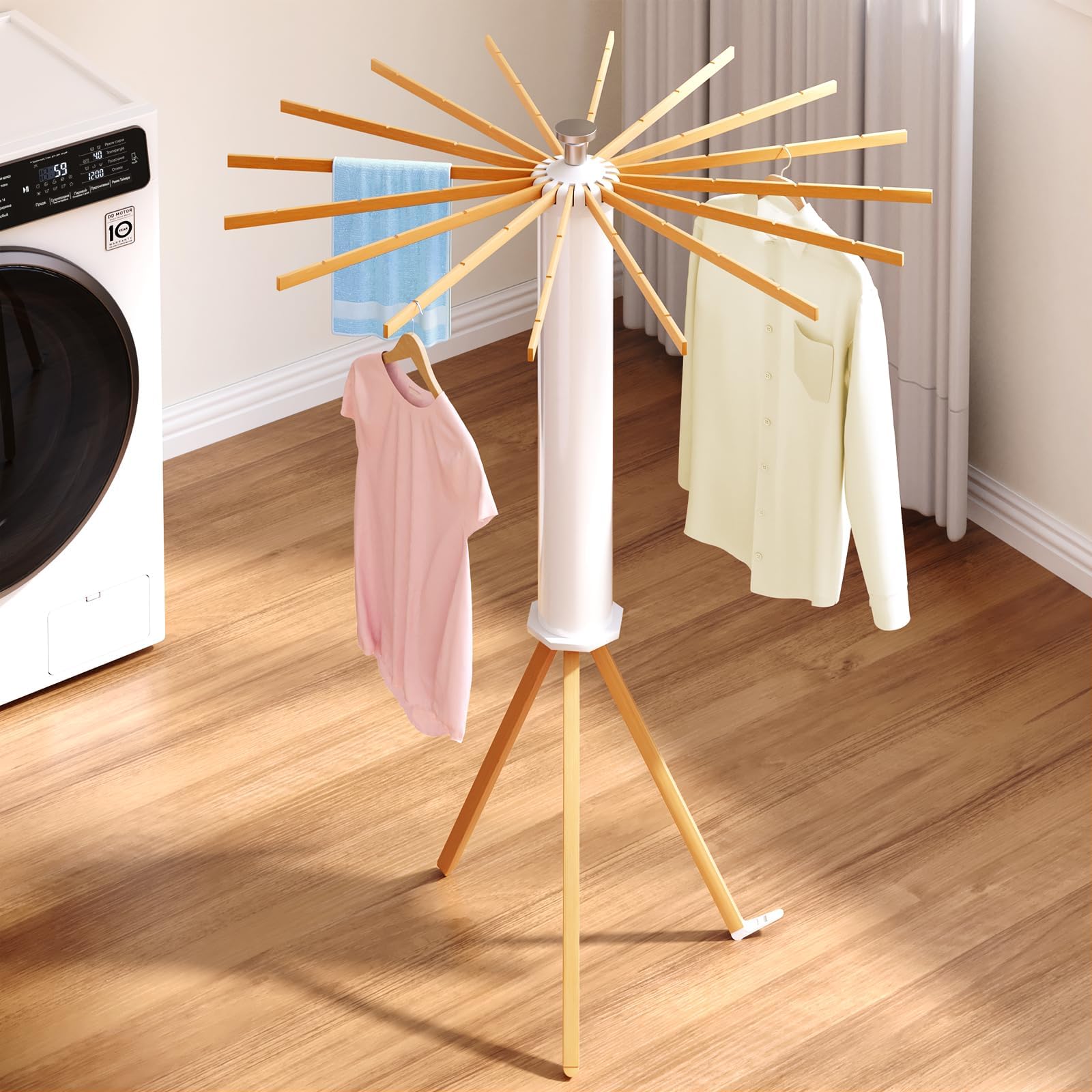 Lemitung Tripod Clothes Drying Rack - Portable Foldable Garment Drying Rack - Household Floor Standing Clothes Drying Racks with 16 Wooden Drying arms for Balconies, Laundry, Bedrooms,RV