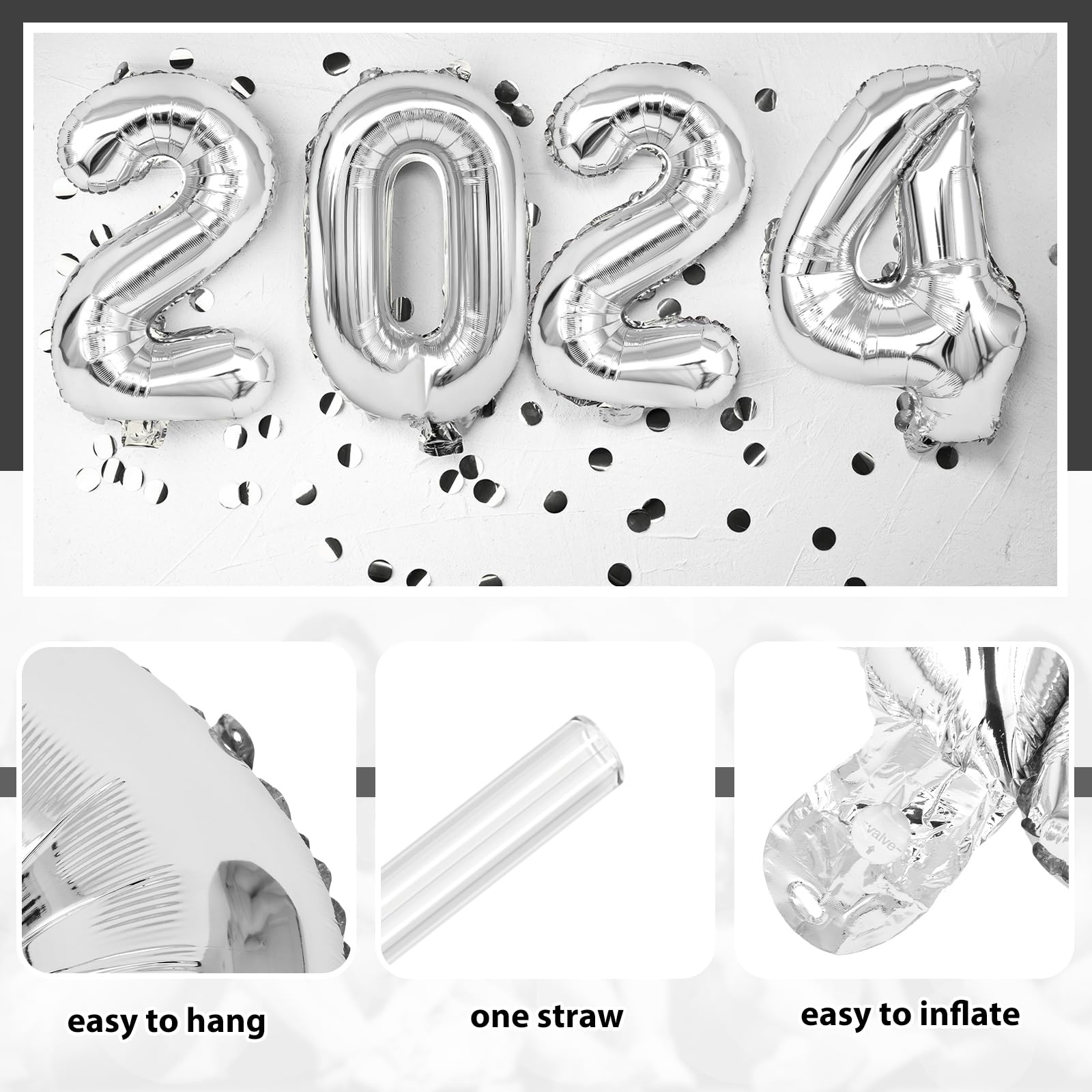 Realspring 8 Pcs Hoco Prom 2024 Balloons 32 Inch Silver 2024 Balloons Graduation Prom 2024 Banner Congrats Prom Decorations with 1 Balloon Ribbon 2 Pcs Balloon Blow Straw for Homecoming Party Supplies