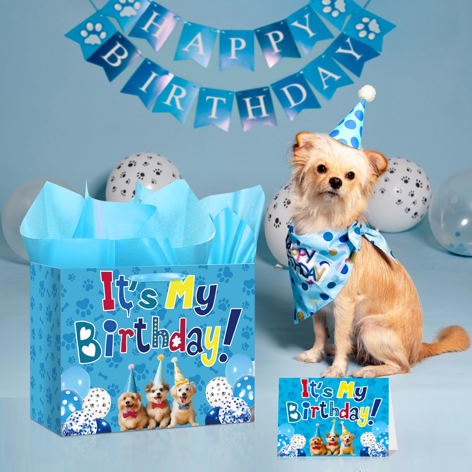 Dog Birthday Gift Bag for Dog Birthday Party Supplies, Large Dog Birthday Wrapping Bag with Tissue Paper and Greeting Card Dog Paw Print Gift Bags for Puppy Theme Party Dog Paw Birthday Decorations