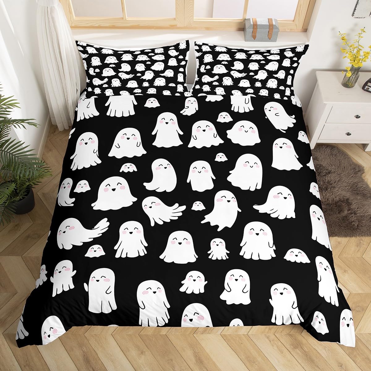 Feelyou Halloween Ghost Duvet Cover Set Cute White Spooky King Size Bedding Set Decoration for Kids Boys Girls Cartoon Comforter Cover Kawaii Lovely Quilt Cover Soft and Lightweight