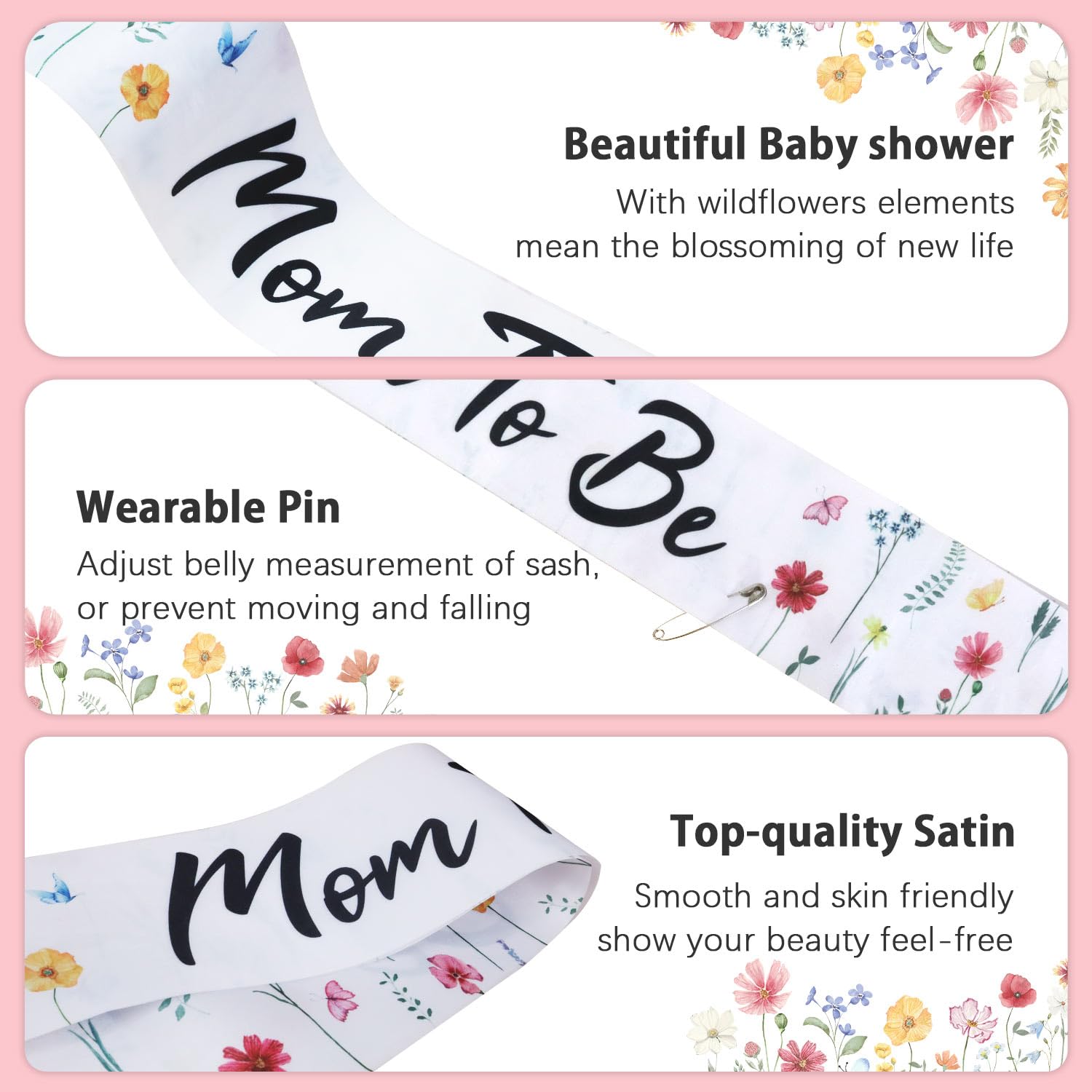 Wildflower Mom to Be Sash Baby Shower Decorations, Baby in Bloom Floral Mommy to Be Sash Dad Corsage Pin Set for Pregnant Mommy Dress Gift