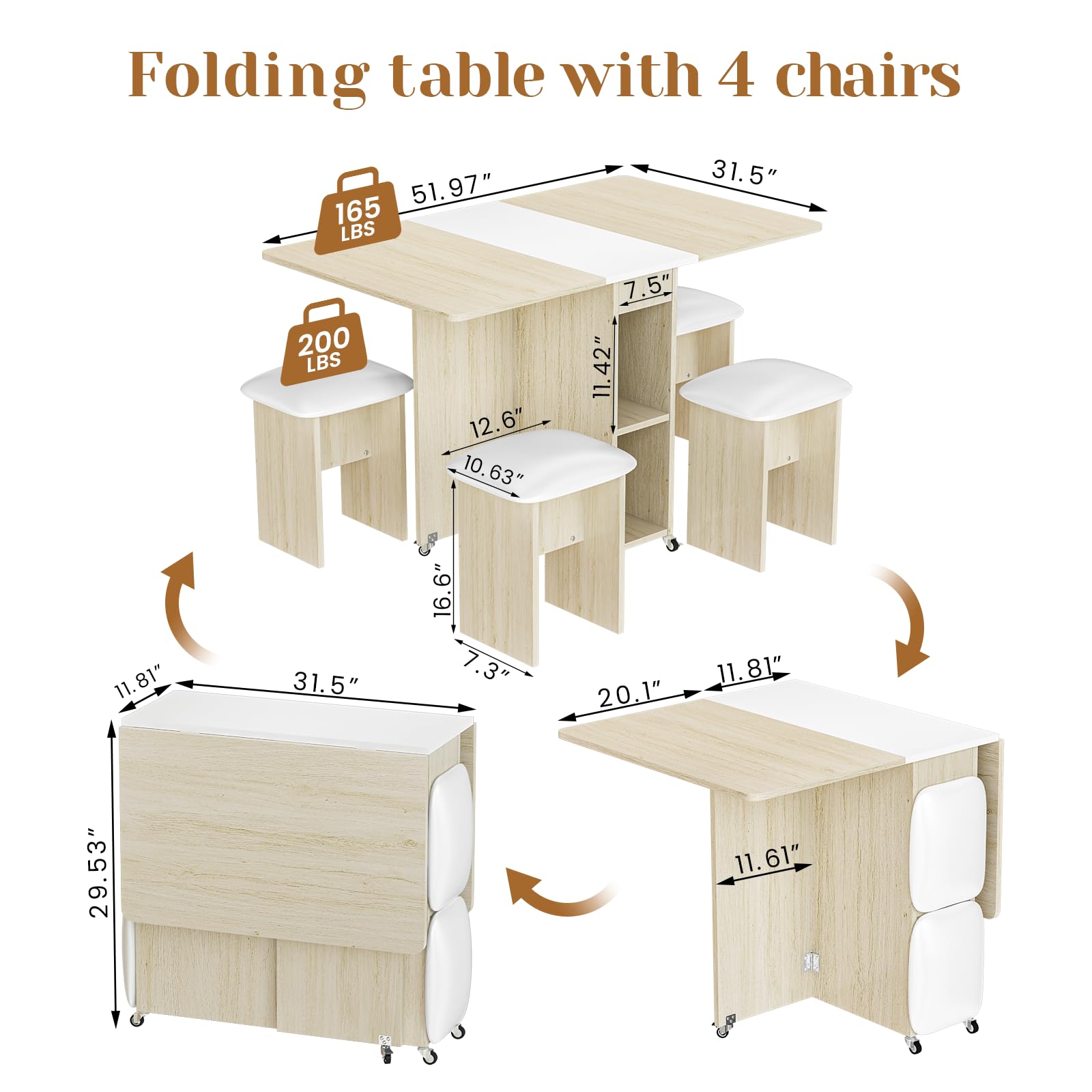 furlinkhm Folding Dining Table Set for 4, Dinner Table with 4 Leather Chairs and Shelves, Space Saving Foldable Dining Table with 6 Wheels, Kitchen Table for Small Spaces (Beige)