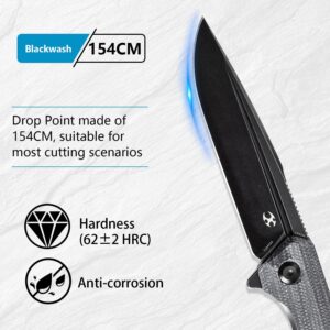 KANSEPT Qilin Pocket Folding Knives for Men EDC Camping Knife 3.43'' Blackwash 154CM Blade with Black Micarta Handle T1047A1