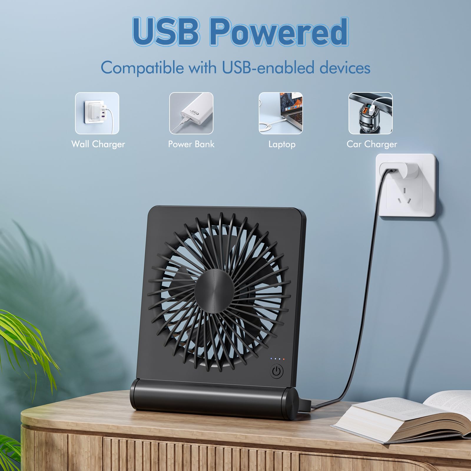 JOSTRY Desk Fan USB Powered with 3 Speeds Adjustable Strong Wind, Ultra Quiet Mini Personal Fan USB-C Corded Powered,220° Tilt Folding Plug In USB Fan