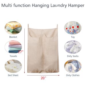 HSOFTIFY 100% Pure Linen Dual Hanging Laundry Bag with 2 Deep Pocket and 2 Side Zipper 20x27in, Over The Door Laundry Hamper Space Saving Hampers for Dirty Clothes Home Travel, Linen