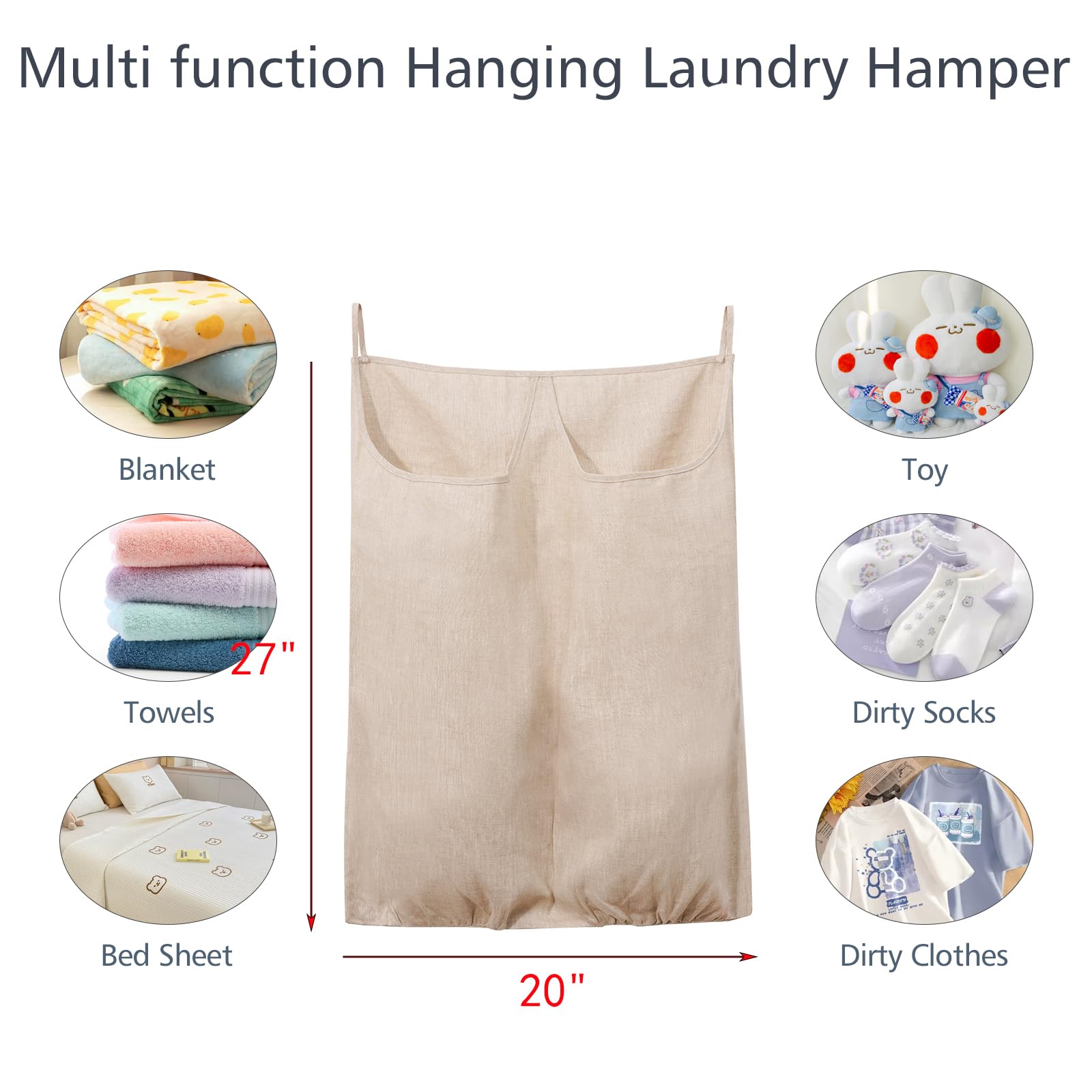 HSOFTIFY 100% Pure Linen Dual Hanging Laundry Bag with 2 Deep Pocket and 2 Side Zipper 20x27in, Over The Door Laundry Hamper Space Saving Hampers for Dirty Clothes Home Travel, Linen