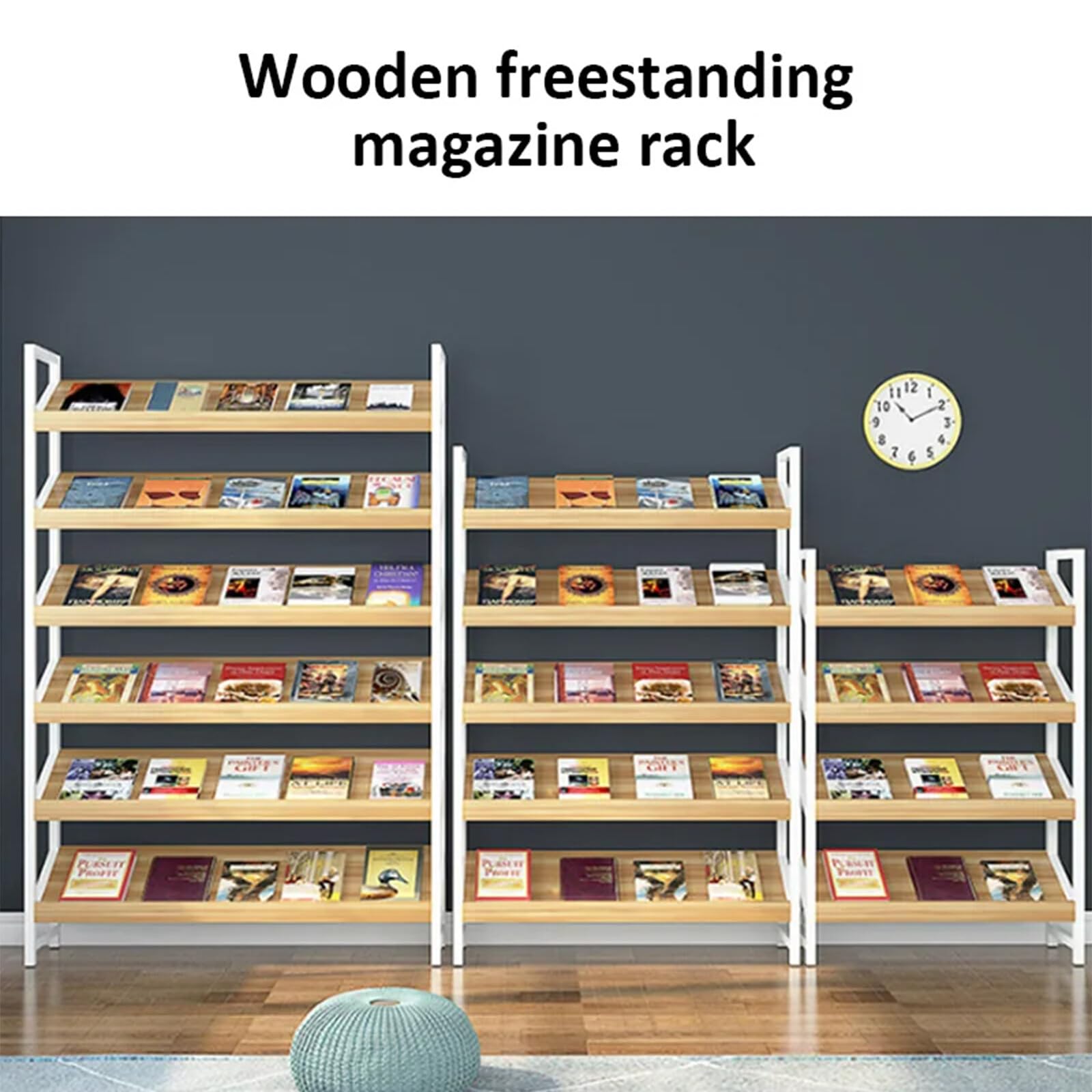 Nuipesn Wooden Storage Bookshelf, Newspaper Magazine Holders Rack Floor-Standing,6 Tier Bookshelf - Modern Book Shelf Display for Home Office (Teak+Black,47.24" L)