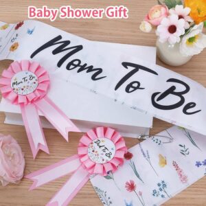 Wildflower Mom to Be Sash Baby Shower Decorations, Baby in Bloom Floral Mommy to Be Sash Dad Corsage Pin Set for Pregnant Mommy Dress Gift