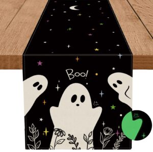 halloween luminous table runner cute ghost floral stars noctilucent runner farmhouse holiday home party kitchen dining table glow in the dark indoor outdoor decoration 13x72 inch