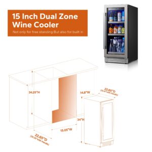 Ca'Lefort 15 Inch Beverage Refrigerator, 100 Can Beverage Fridge 34°F -54°F, Drink Fridge Glass Door 3 LED Drink Fridge Built in or Freestanding for Home/Kitchen(3.0 cu.ft)