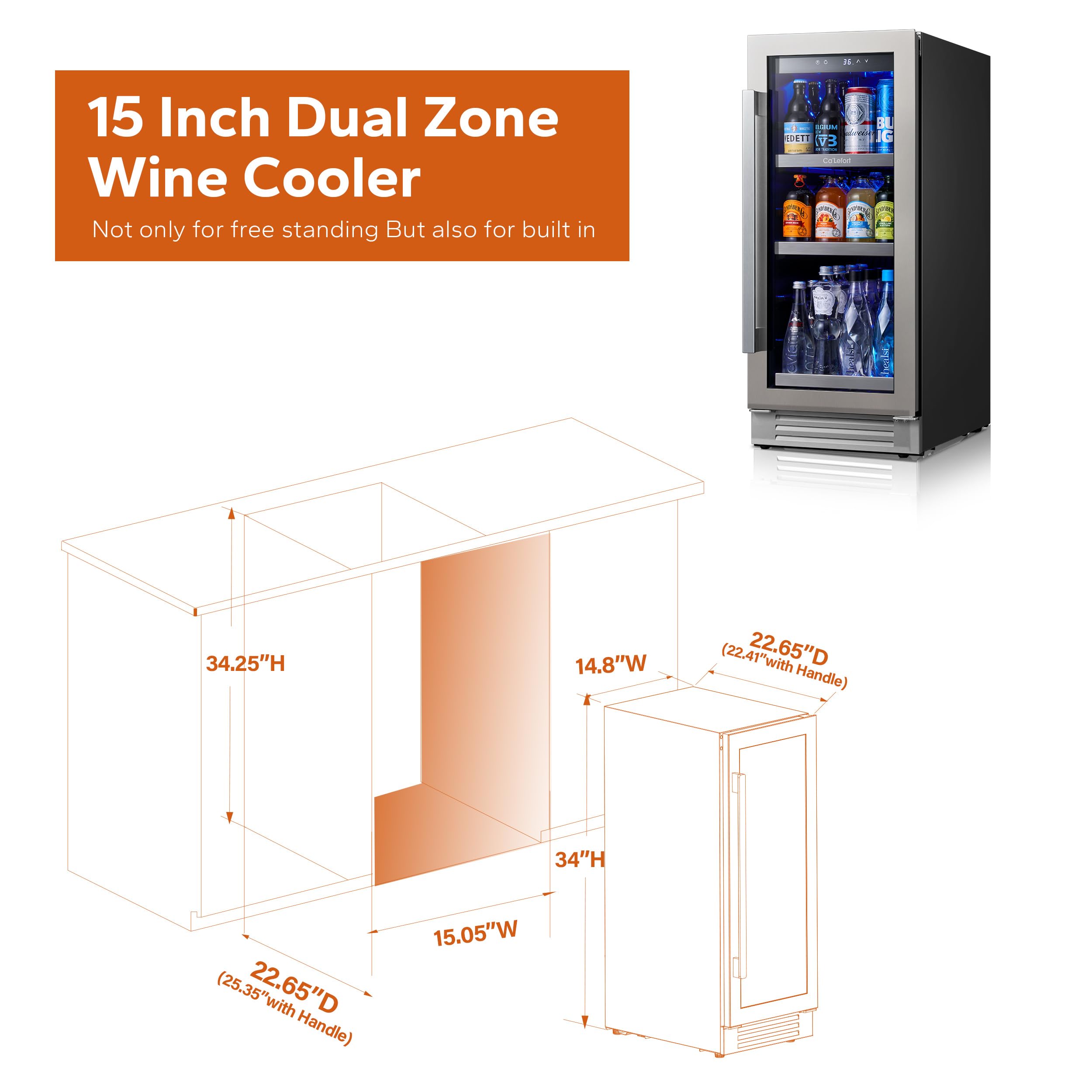 Ca'Lefort 15 Inch Beverage Refrigerator, 100 Can Beverage Fridge 34°F -54°F, Drink Fridge Glass Door 3 LED Drink Fridge Built in or Freestanding for Home/Kitchen(3.0 cu.ft)