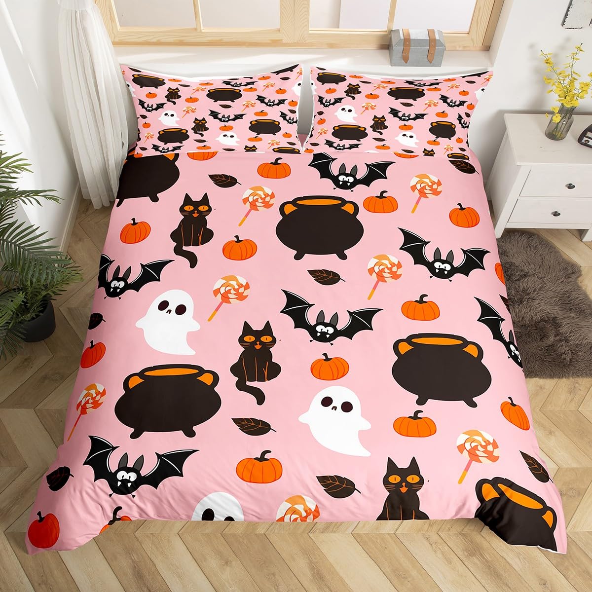 Feelyou Halloween Comforter Cover Set Black Bats Cats Duvet Cover Set Kids Boys Girls Halloween Candy Bedding Set Horror Pumpkin Lantern Quilt Cover with 2 Pillowcases 3Pcs Bedding Full,No Comforter