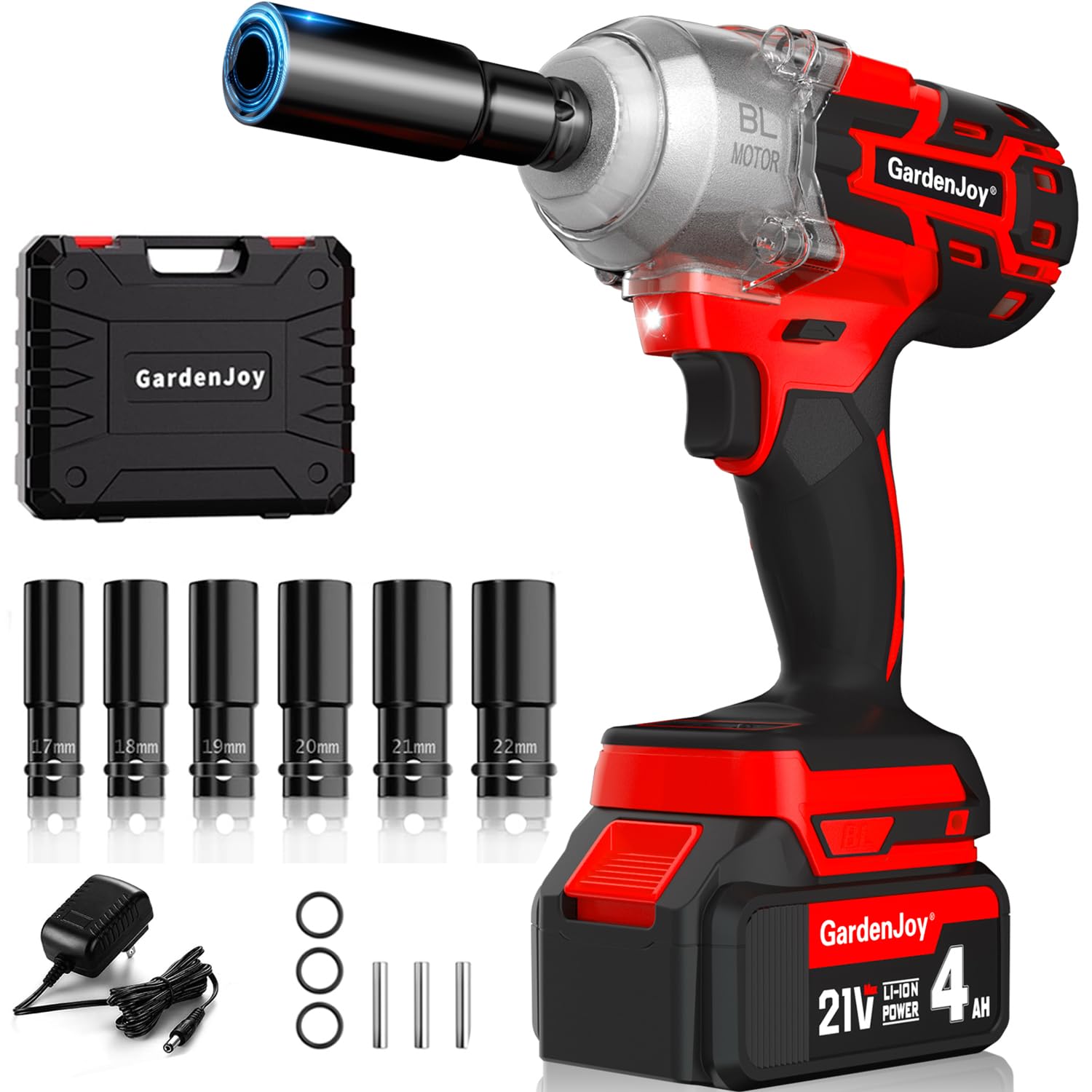 Cordless 1/2 Impact Wrench Brushless, 21v Power Impact Gun with 3 Variable Speeds, Max Torque 450Ft-lbs (600N.m), 4.0Ah Battery and Charger, 6Pcs Impact Sockets, Electric Impact Wrench for Car Home