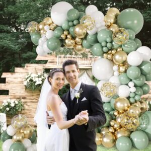 147pcs Sage Green Balloon Arch Kit, Sage Green and Gold White Balloons for Wedding Engagement Anniversary Bridal Shower Baby Shower Birthday Party Decorations